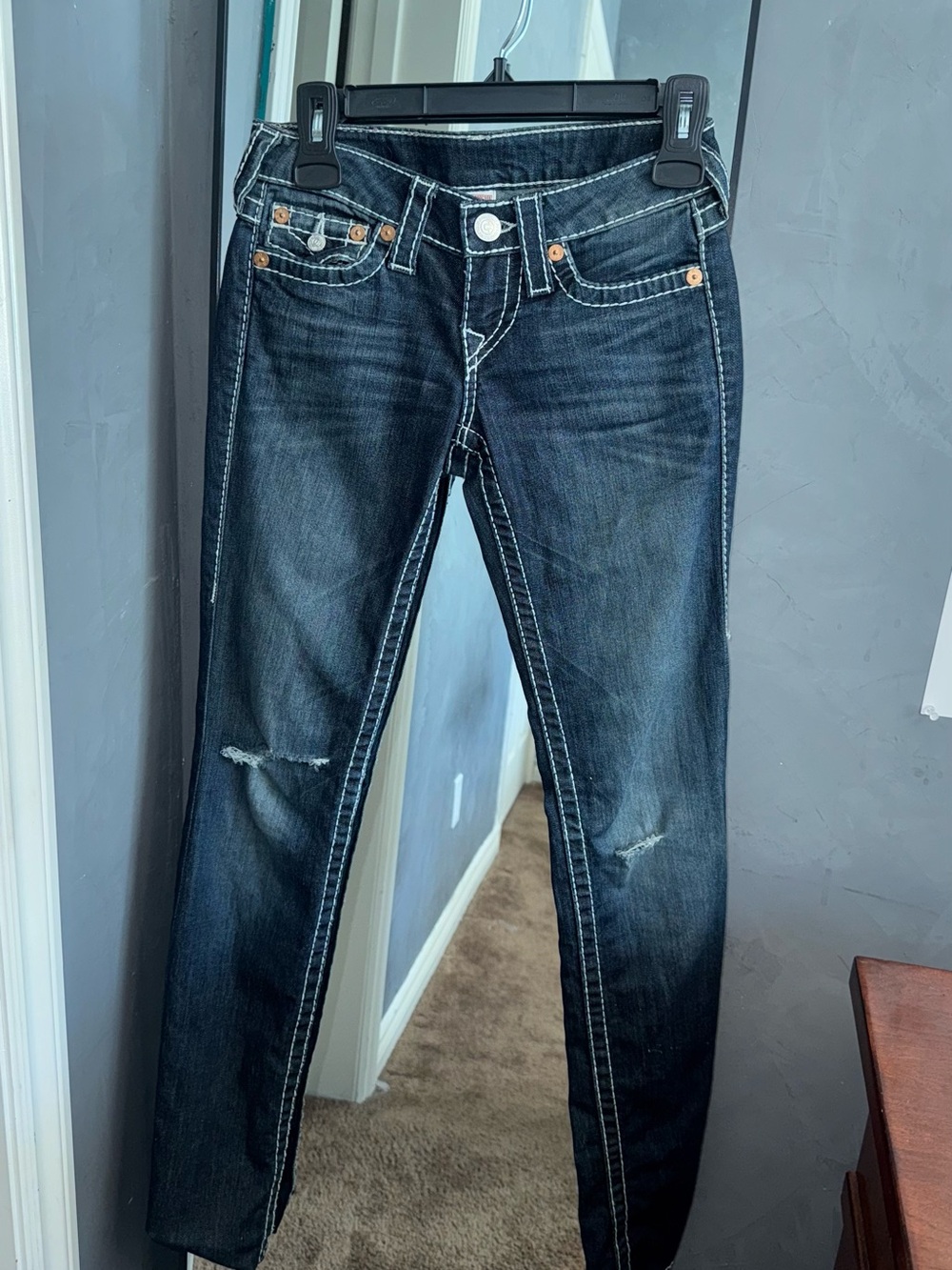 True Religion Dark Indigo Skinny Jeans with Distressed Knees